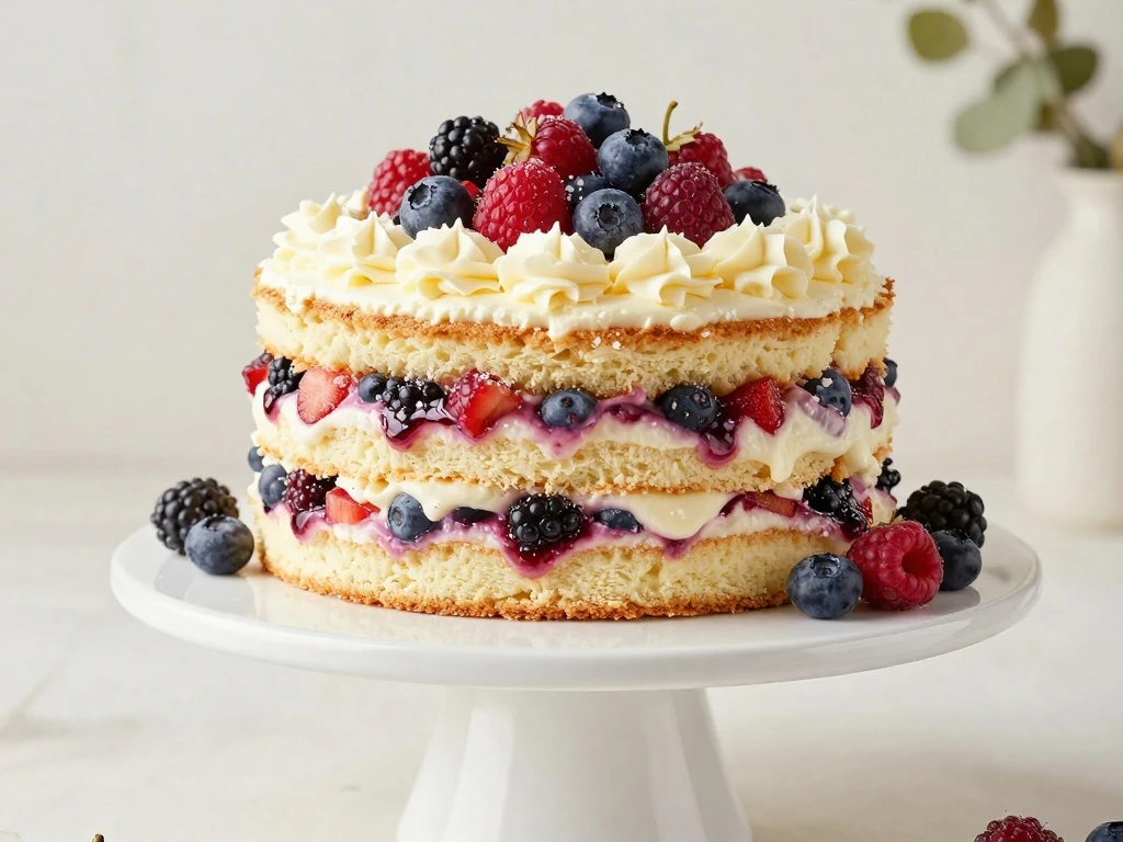 Three-layer Berry Chantilly Cake decorated with fresh berries