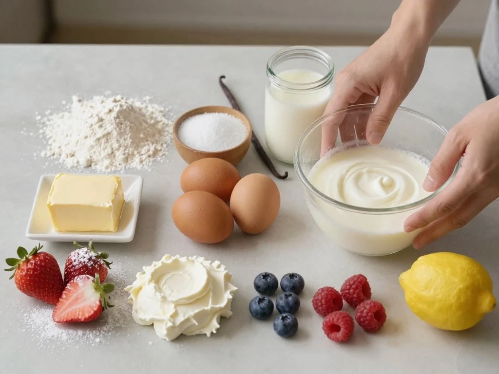 Ingredients for Berry Chantilly Cake with fresh berries and mascarpone
