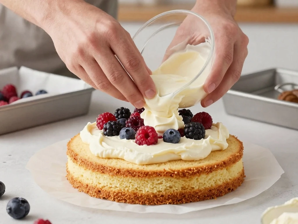 Assembling vanilla cake layers with Chantilly frosting and berries
