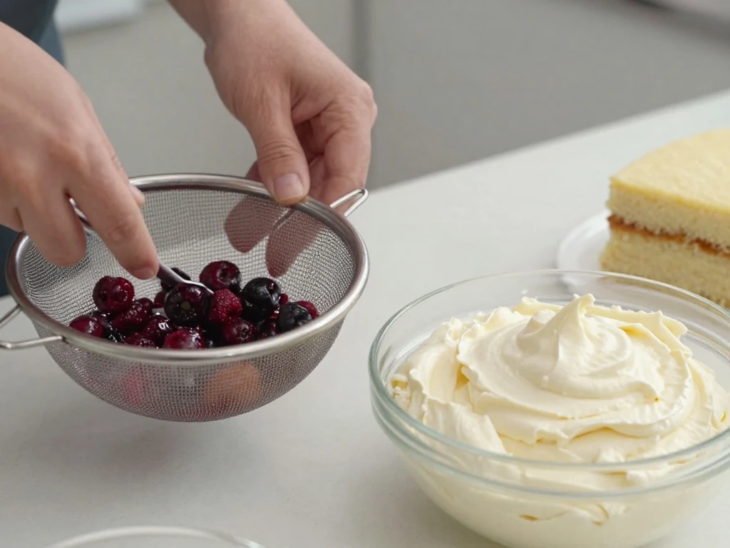 Draining berries and preparing stable Chantilly frosting