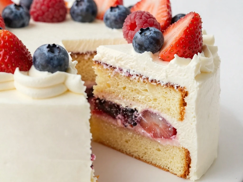 Clean slice of chilled Berry Chantilly Cake showing berry layers