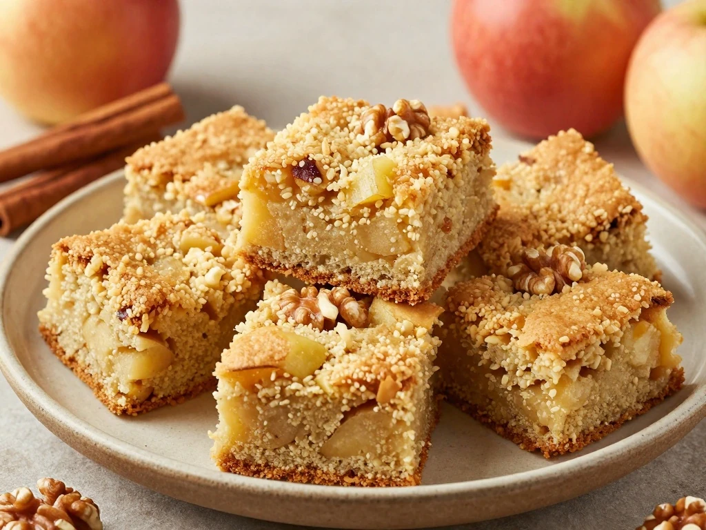 Golden apple cake squares with visible apples and walnuts