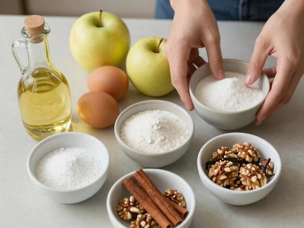 Ingredients for homemade apple cake arranged on a counter