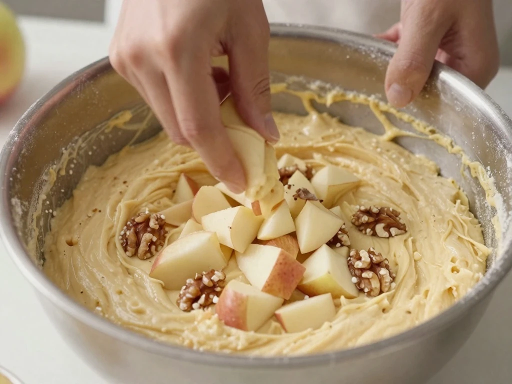 Thick apple cake batter being folded with apples and walnuts