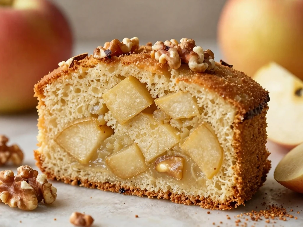 Close-up of moist apple cake with cinnamon, apples, and walnuts