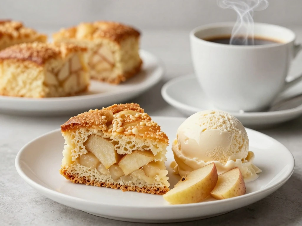 Apple cake served with vanilla ice cream and coffee