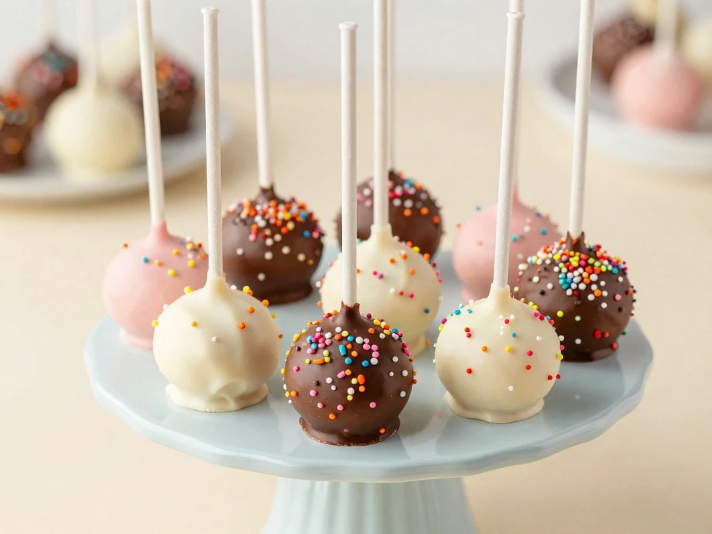 Colorful homemade vanilla cake pops arranged on a dessert stand