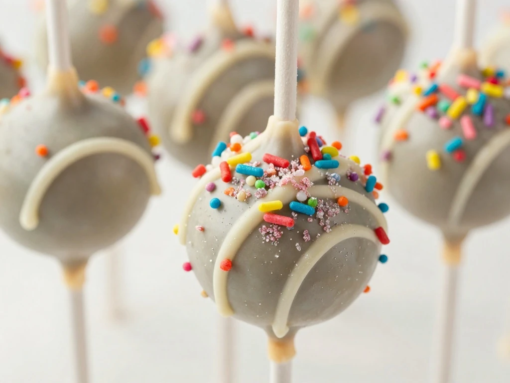 Decorating mini cake pops with sprinkles and chocolate drizzle