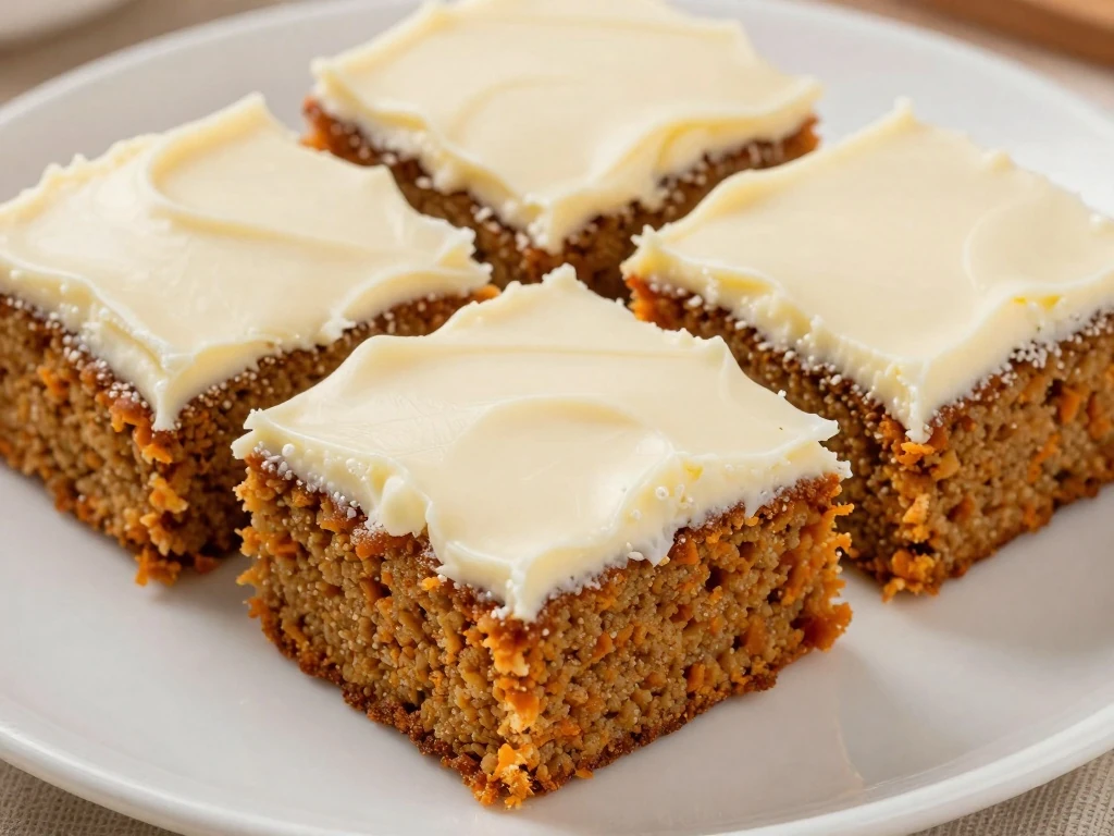 Moist carrot cake squares with cream-cheese frosting on a serving platter