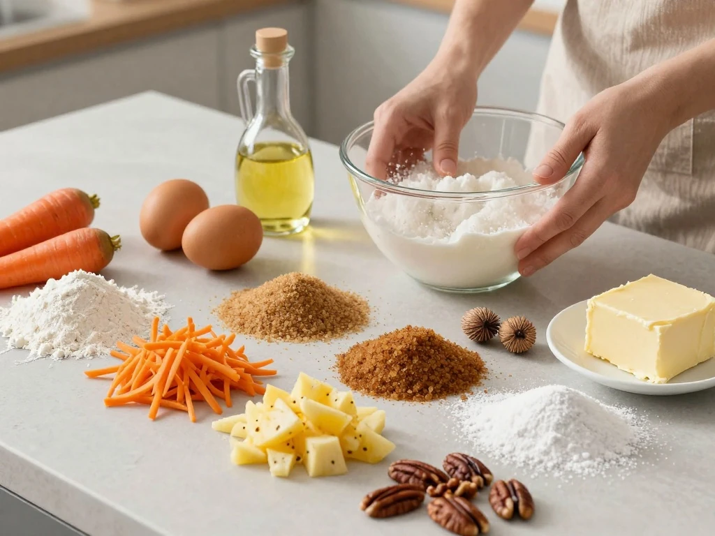 Ingredients for moist carrot cake and cream-cheese frosting