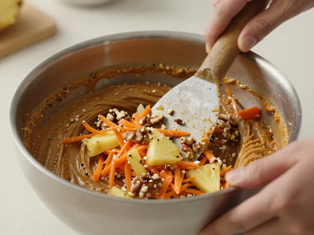 Folding carrots, pineapple, and nuts into carrot cake batter