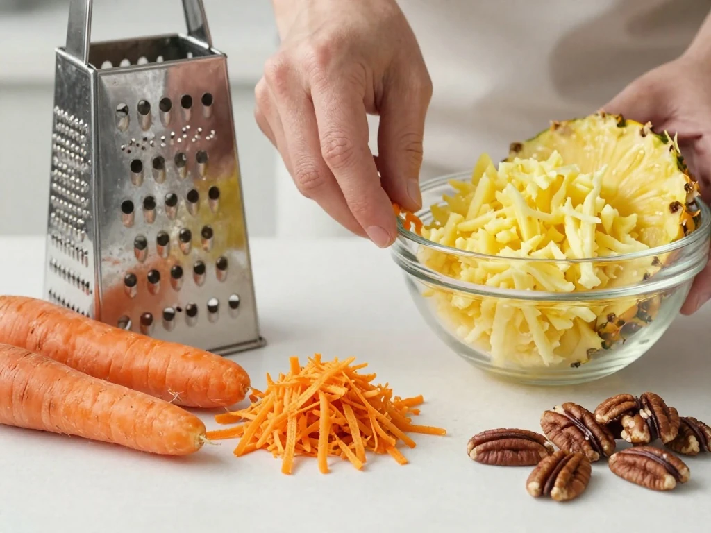 Freshly grated carrots, drained pineapple, and toasted nuts for moist carrot cake