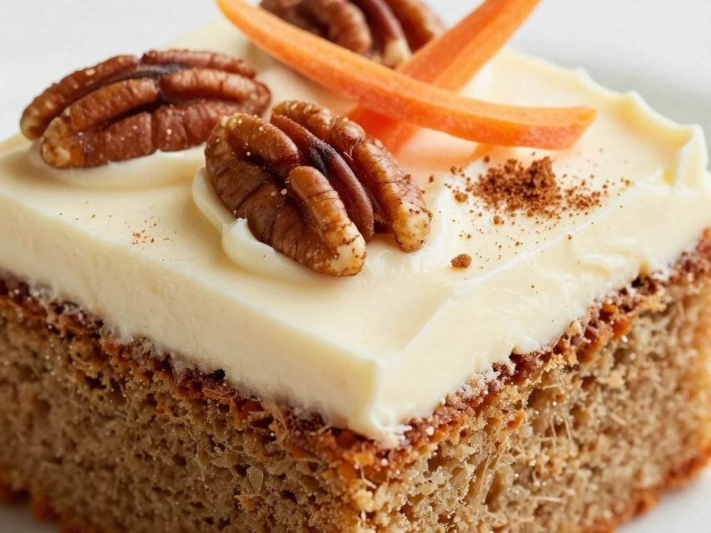 Cream-cheese frosted carrot cake decorated with toasted pecans and carrot curls