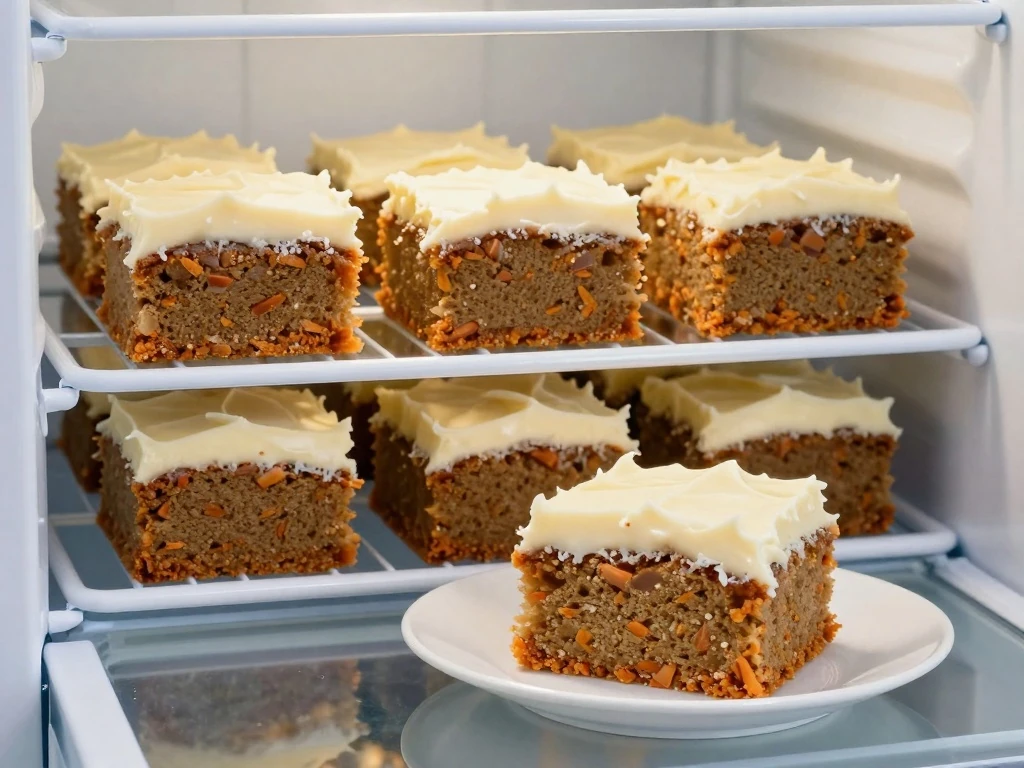 Covered carrot cake squares stored in the refrigerator