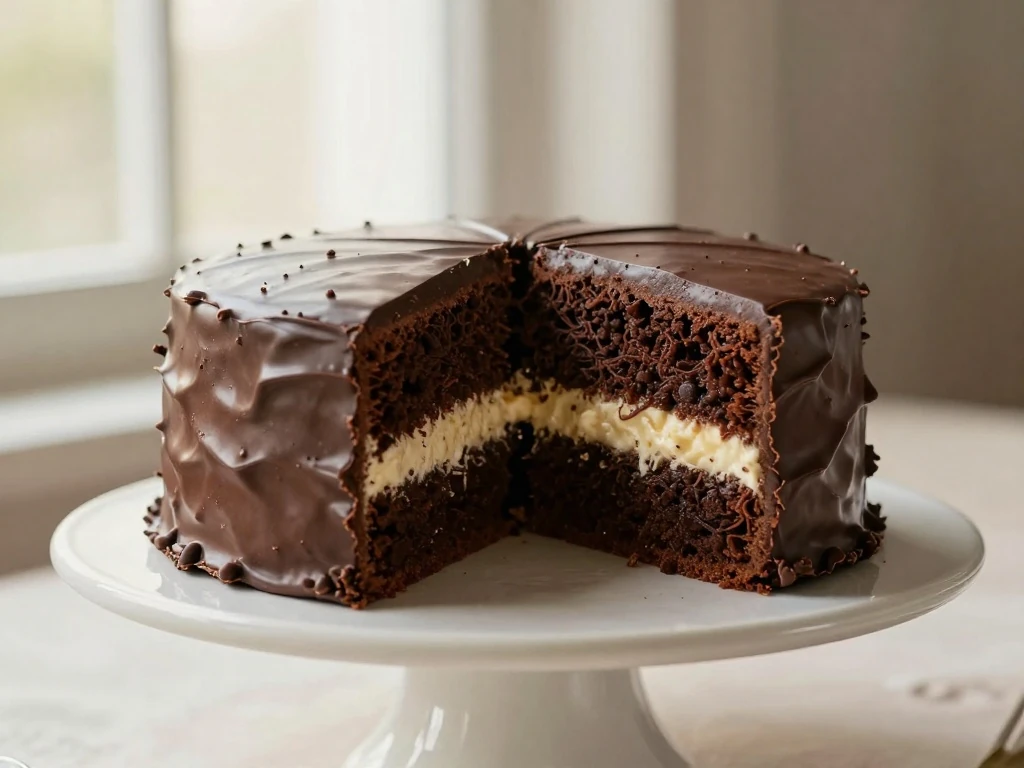 Moist chocolate layer cake with silky chocolate frosting and a slice showing the tender crumb