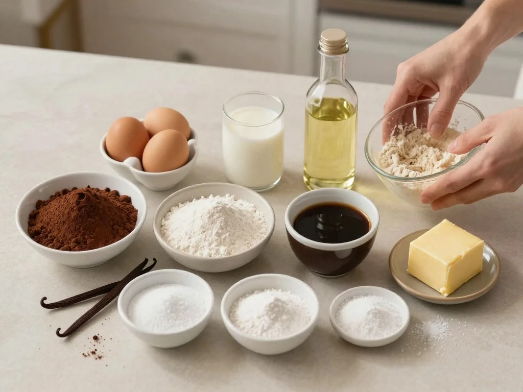 Ingredients for a moist chocolate cake and chocolate buttercream arranged on a counter