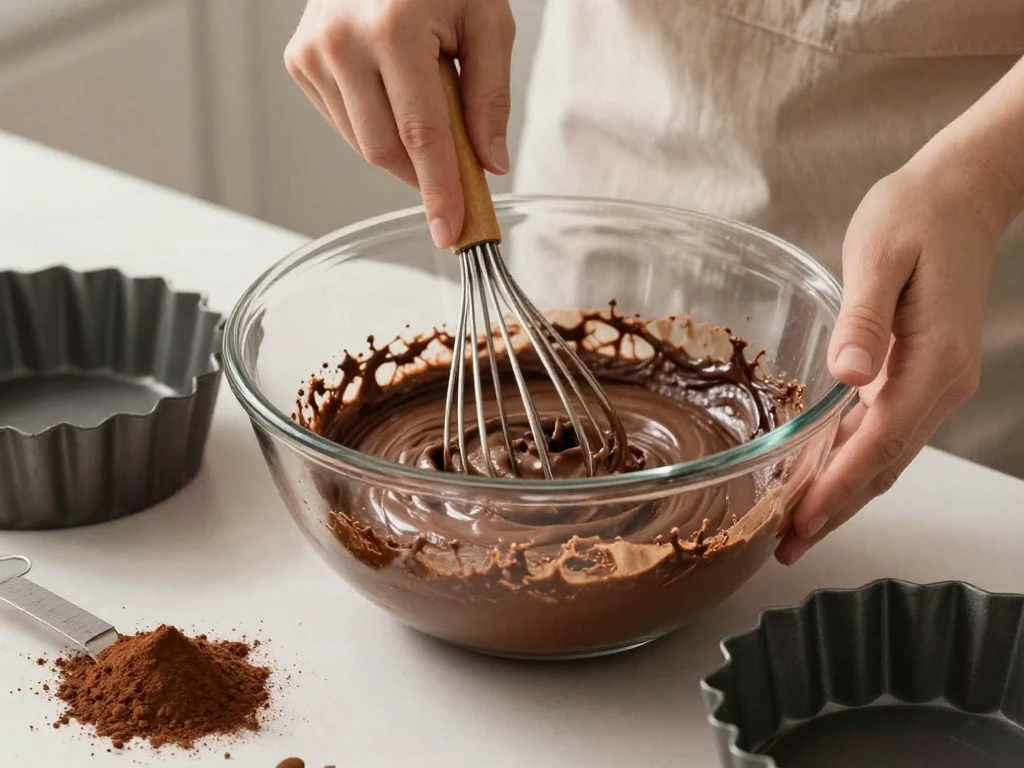 Whisking chocolate cake batter before pouring it into prepared round cake pans