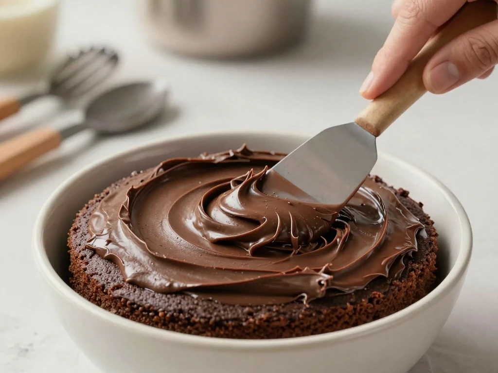 Spreading smooth chocolate buttercream over a cooled cake layer