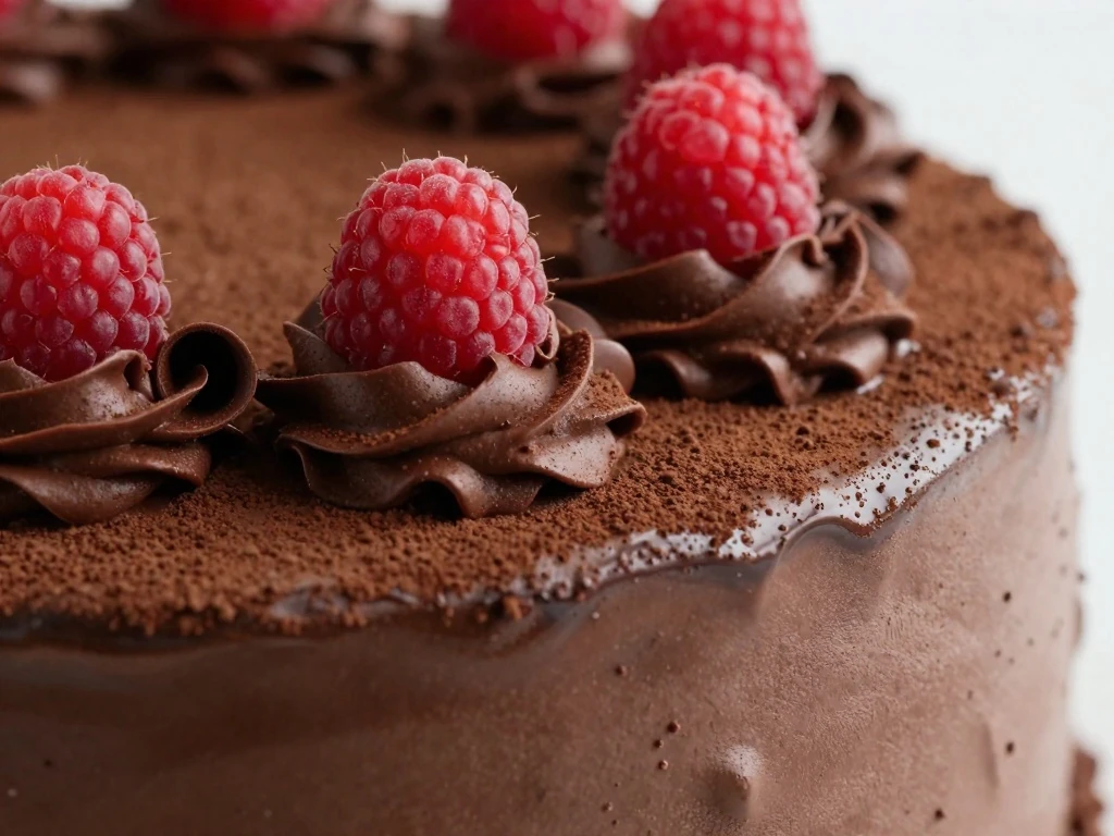 Chocolate curls and raspberries decorating a smoothly frosted chocolate cake