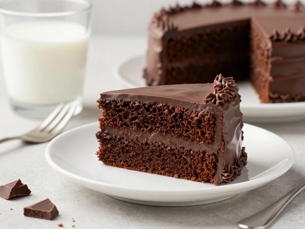 A neatly sliced piece of chocolate cake ready to serve with milk