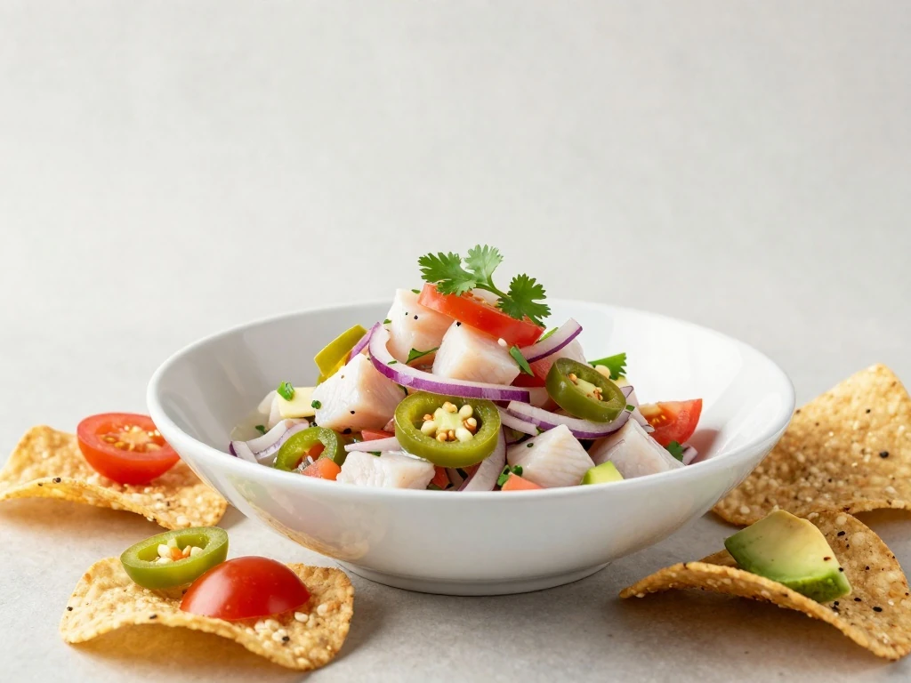 Classic fish ceviche served with tostadas and tortilla chips