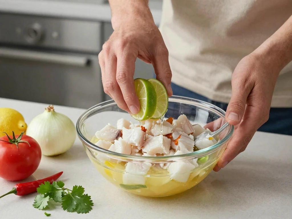 Fish cubes marinating in fresh citrus for ceviche