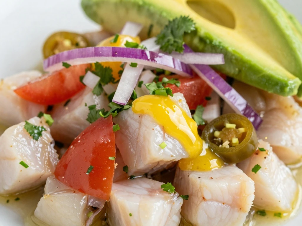 Close-up detail of fresh ceviche ingredients and garnish