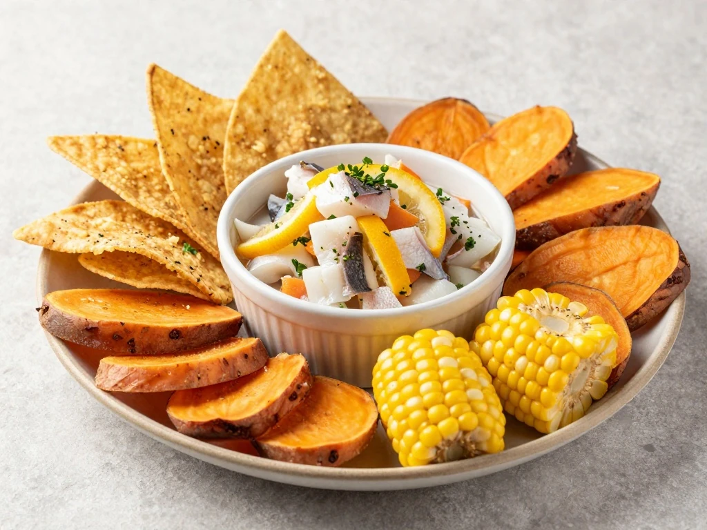 Ceviche platter with tostadas, sweet potato, and corn