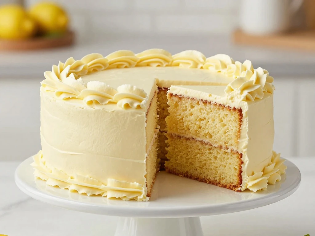 Two-layer lemon cake with pale lemon buttercream and a tender golden crumb