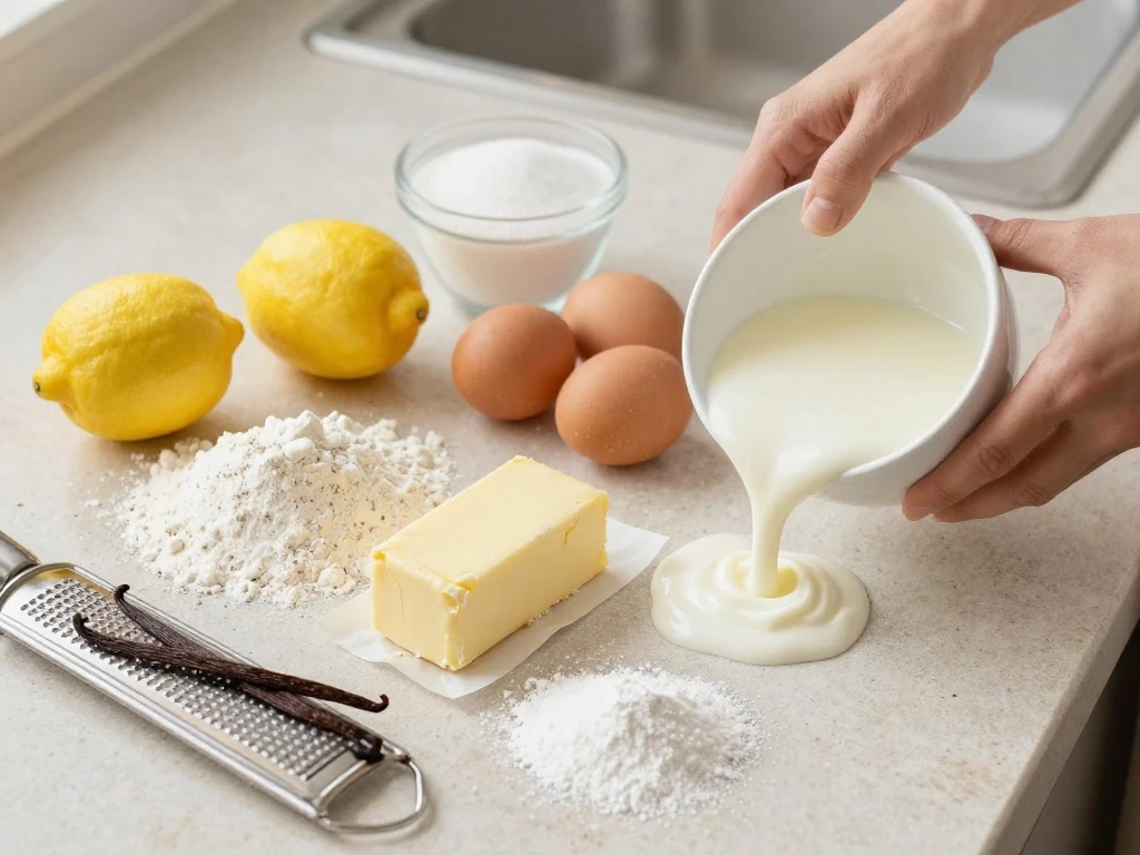 Fresh ingredients for homemade lemon layer cake