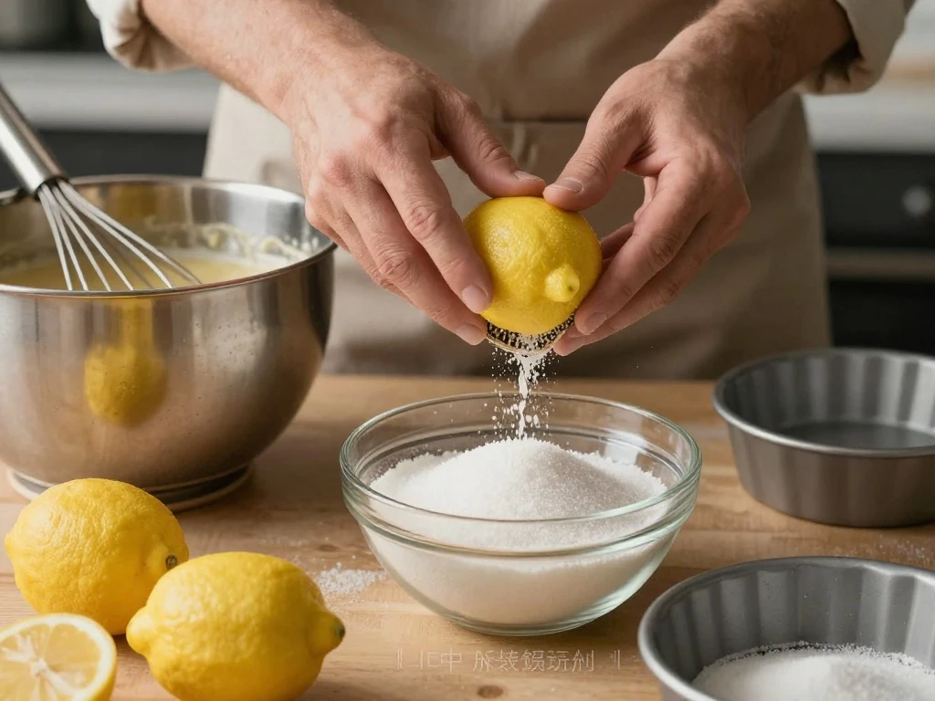 Lemon zest being rubbed into sugar for lemon cake batter