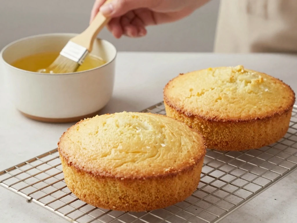Cooled lemon cake layers ready for optional lemon syrup
