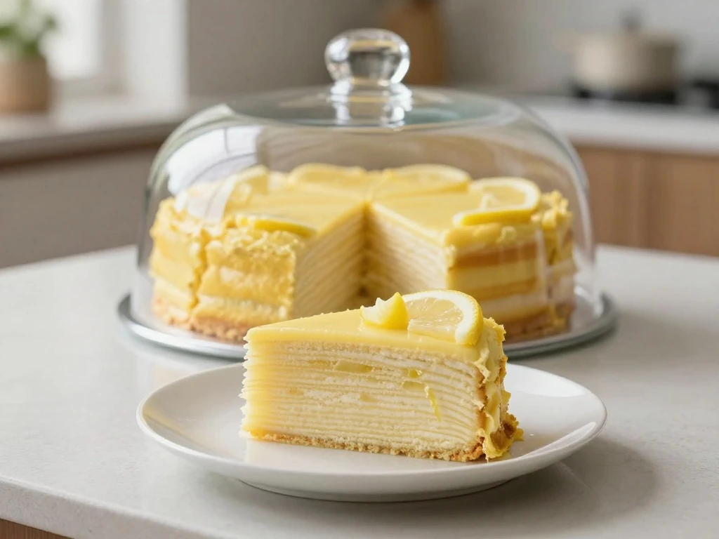Covered lemon cake and plated slice for serving and storage