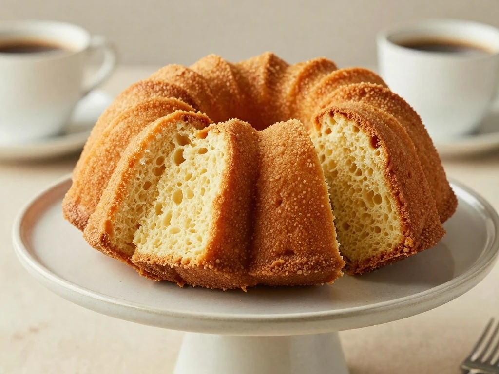 Golden slices of rich Southern-style pound cake served on a cake stand