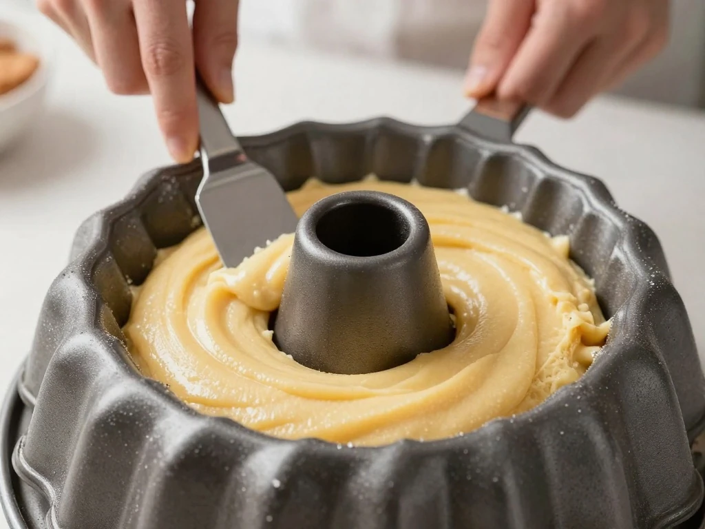 Pound cake batter being smoothed into a prepared Bundt pan