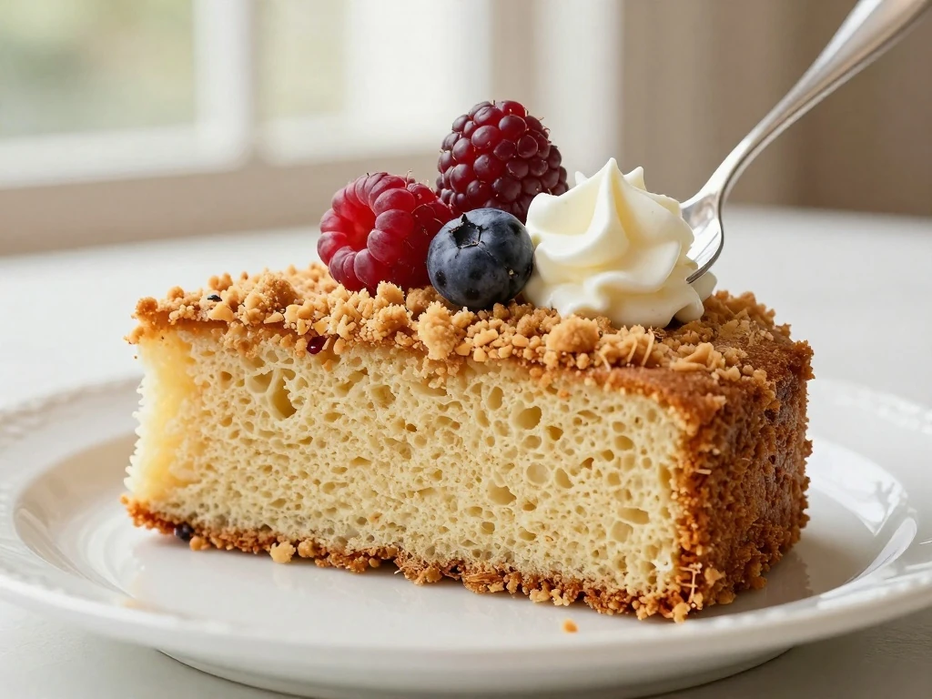 Pound cake slice served with berries and whipped cream