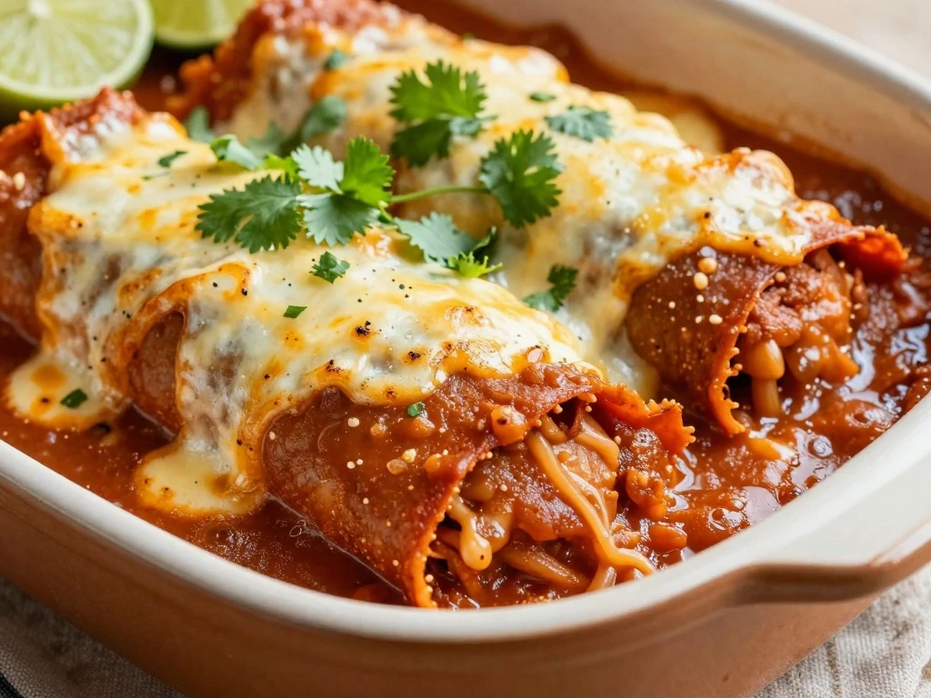 Bubbling red enchiladas made with homemade enchilada sauce