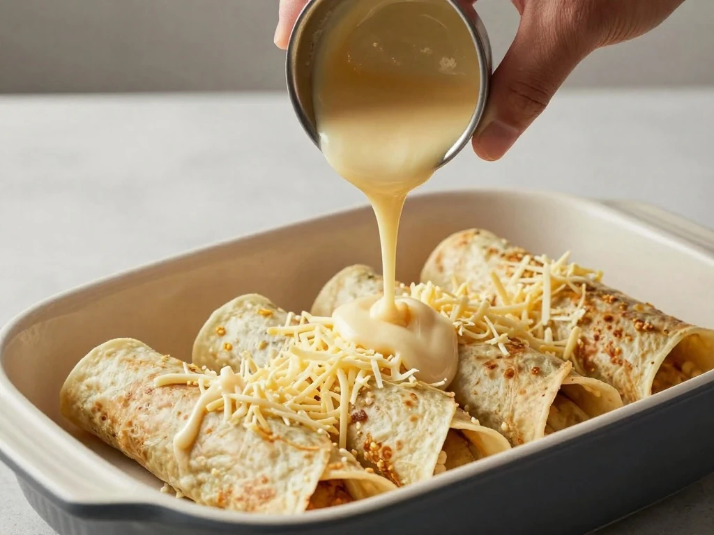 Pouring red enchilada sauce over rolled tortillas