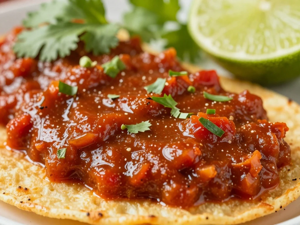 Glossy homemade red enchilada sauce coating a tortilla