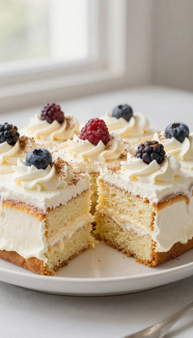 Tres Leches Cake soaked in three-milk mixture and topped with whipped cream