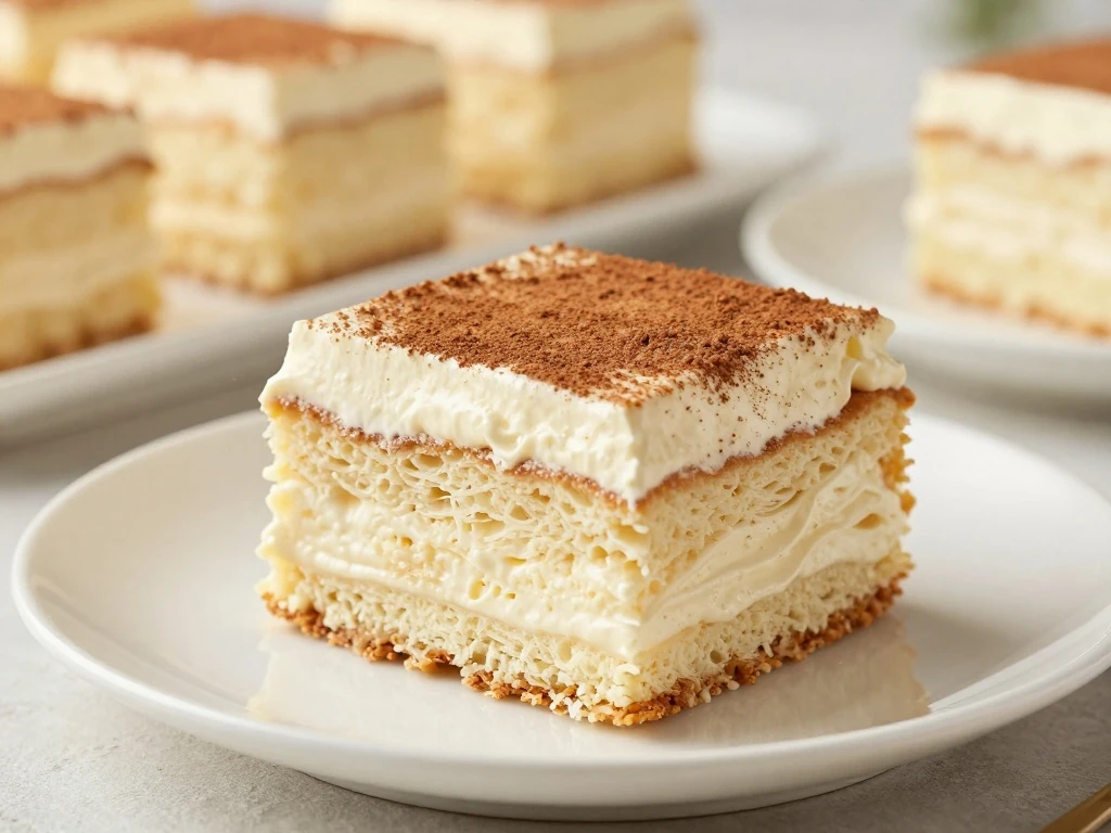 Slice of homemade tres leches cake with whipped cream and cinnamon