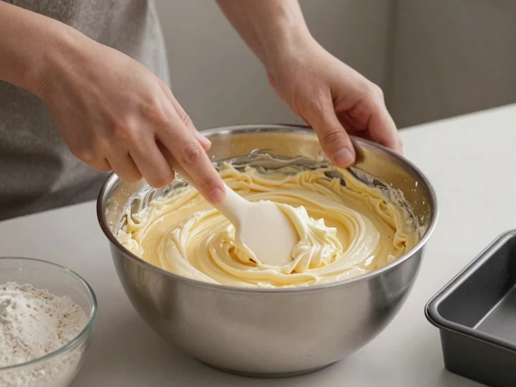 Folding whipped egg whites into tres leches cake batter