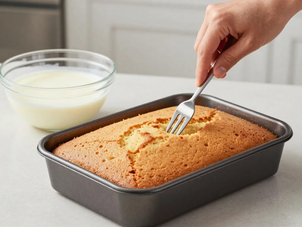 Piercing baked tres leches cake before adding the milk mixture