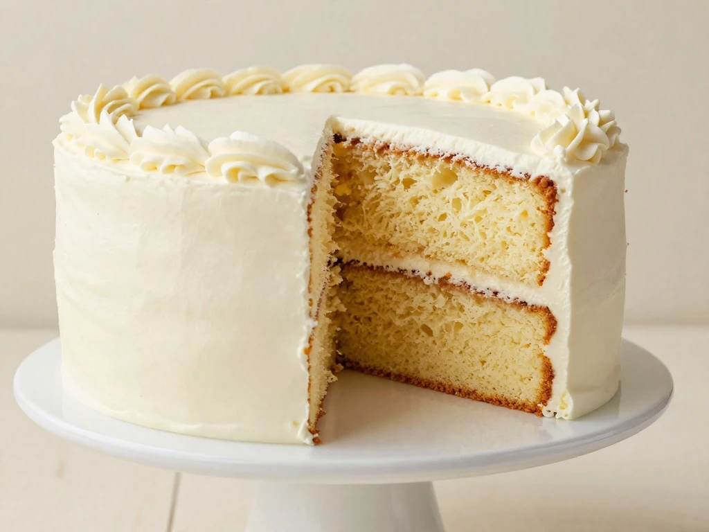 Two-layer vanilla cake with white buttercream and a tender golden crumb