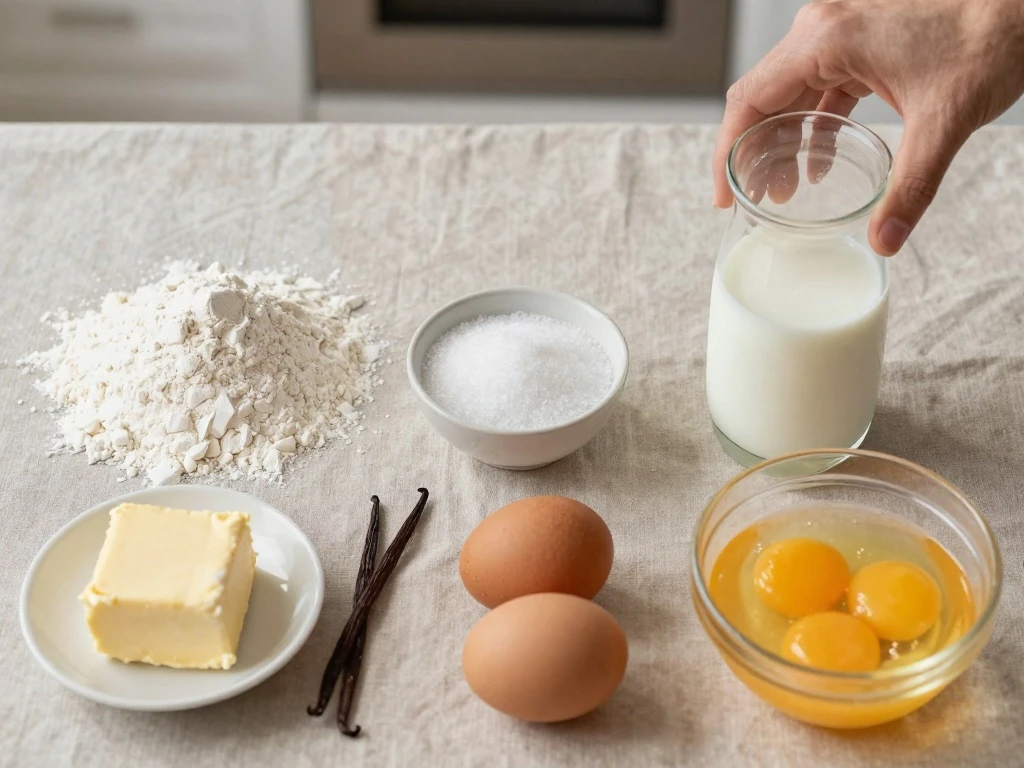 Ingredients for an easy homemade vanilla cake arranged on a counter