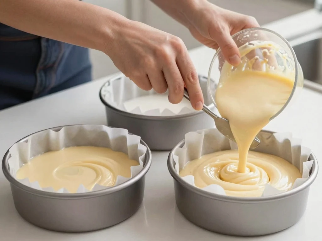 Vanilla cake batter being smoothed in prepared round cake pans