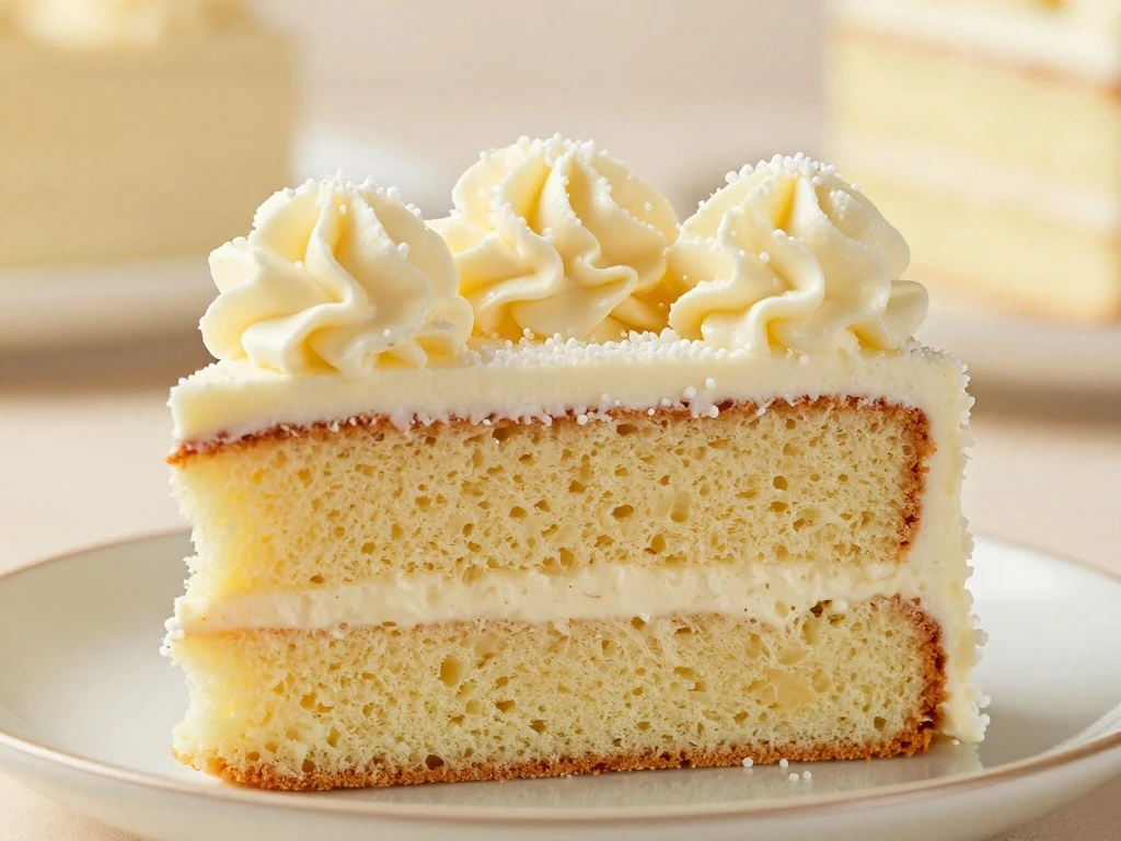 Close-up slice of vanilla cake with buttercream frosting and sprinkles