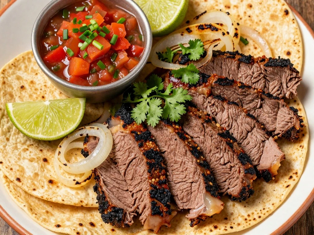 Sliced Big J's carne asada served with tortillas, salsa, lime, cilantro, and grilled onions