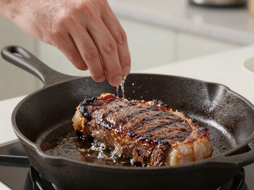Marinated carne asada cooking in a hot cast-iron skillet