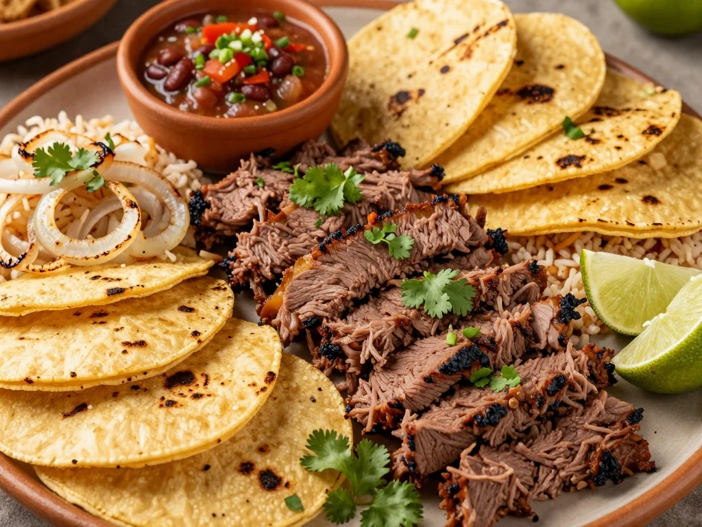 Family-style Big J's carne asada platter with tacos, rice, beans, salsa, and grilled onions